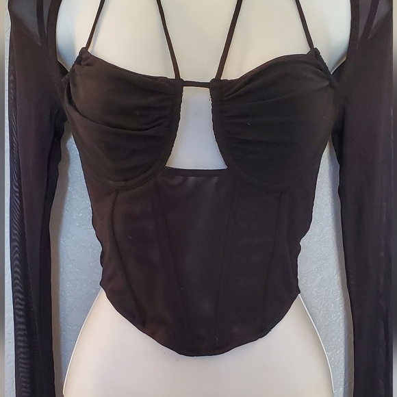 💚5/$25 Black Sheer Long Sleeve Corset Crop Top Size Small - Picture 3 of 6